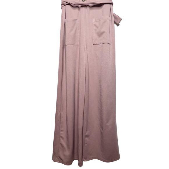&MERCI Button Front Jumpsuit V-Neck Short Sleeve Belted Wide Leg Pink Size Small - Picture 5 of 10